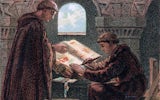 An illustration of two monks writing the Domesday book.
