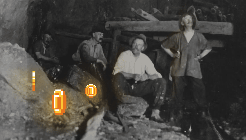 Historic photo of gold miners with animated gold coins spinning around them.