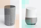 A side-by-side of an Amazon Echo and a Google Home.