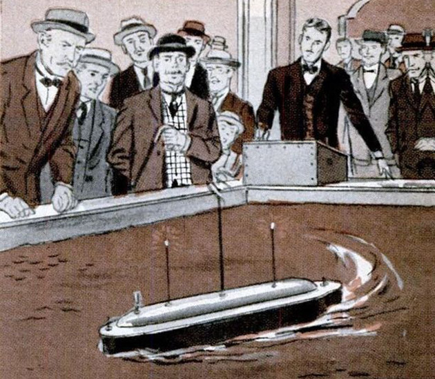Nikola tesla demonstrates his boat. Vintage Illustration.